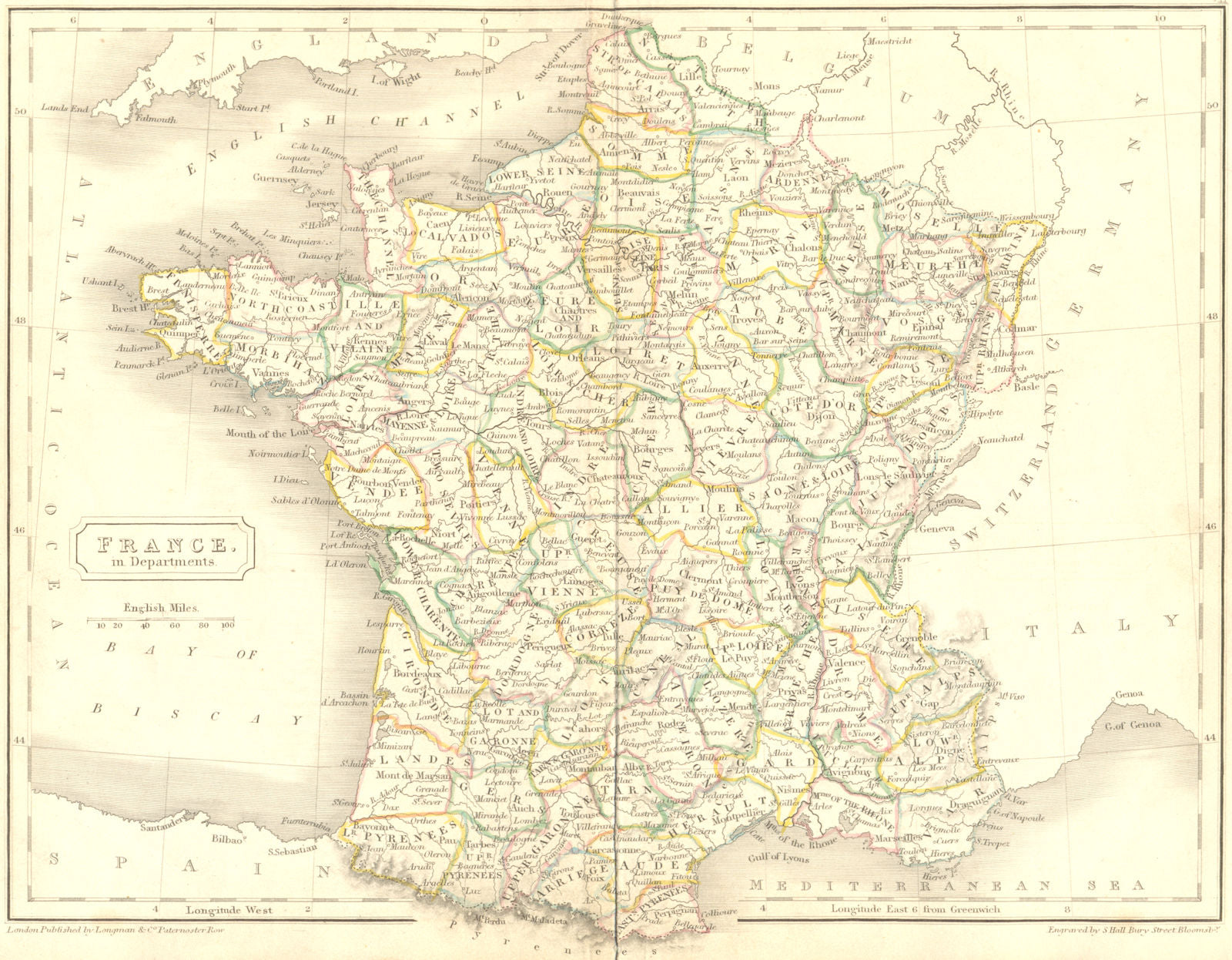 FRANCE. Departments. Butler Hall 1844 old antique vintage map plan chart